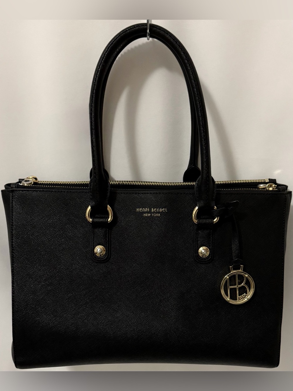 henri bendel Black Saffiano Satchel with Gold Hardware